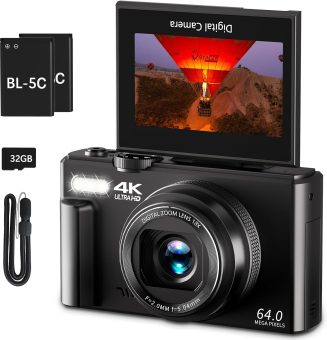 4K Digital Camera for Photography, 64MP Vlogging Camera for YouTube with 3" 180° Flip Screen, 18X Digital Zoom Point and Shoot Camara with 32GB Micro SD Card for Beginner (Black)