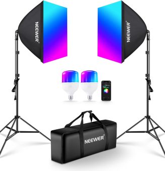 NEEWER RGB Softbox Lighting Kit with App Control & 9 Effect Modes, 2 Pack 26W FCC/IC/UL Certified LED Bulbs CRI93+ TLCI98+, E26 Porcelain Sockets, 24" Softboxes, for Studio Photography Lighting, NK800